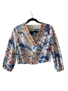 Rachel Zoe Size S Cropped Floral V-Neck Blouse Elastic Waist Long Sleeves